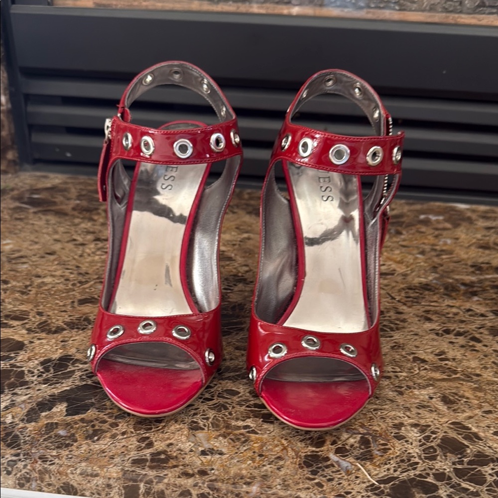 Guess Red High-Heeled Sandals with Silver Eyelets